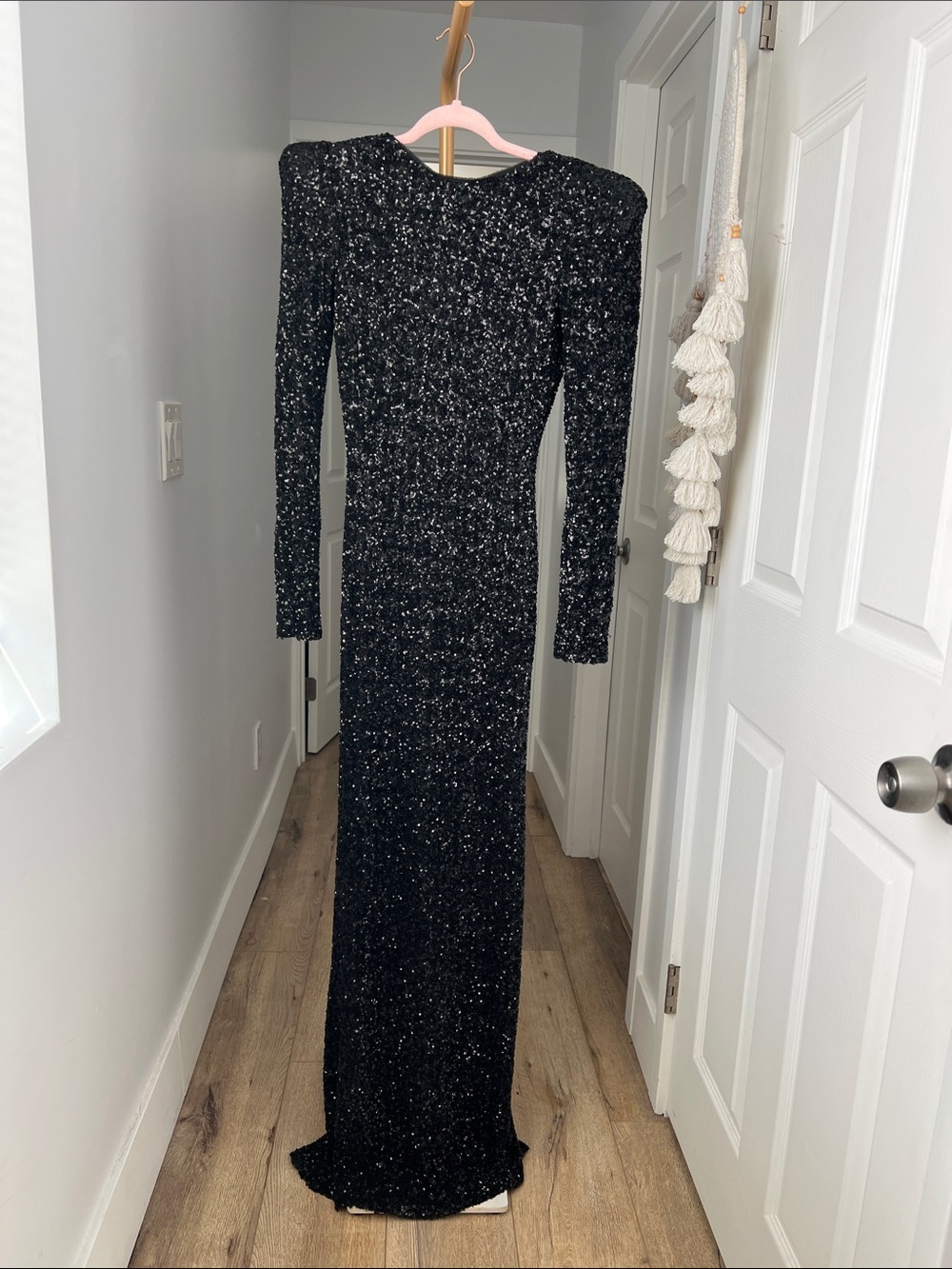 Zara Sequin Long Sleeve Elegant Shoulder Pad Black Long Dress Gown XS - Picture 6 of 11